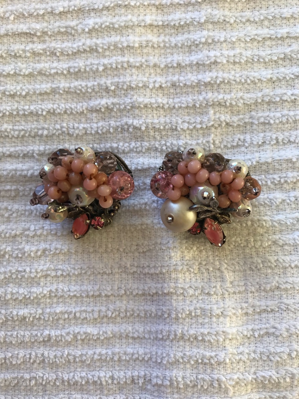 Vintage Pink Beaded Cluster Clip-On Earrings